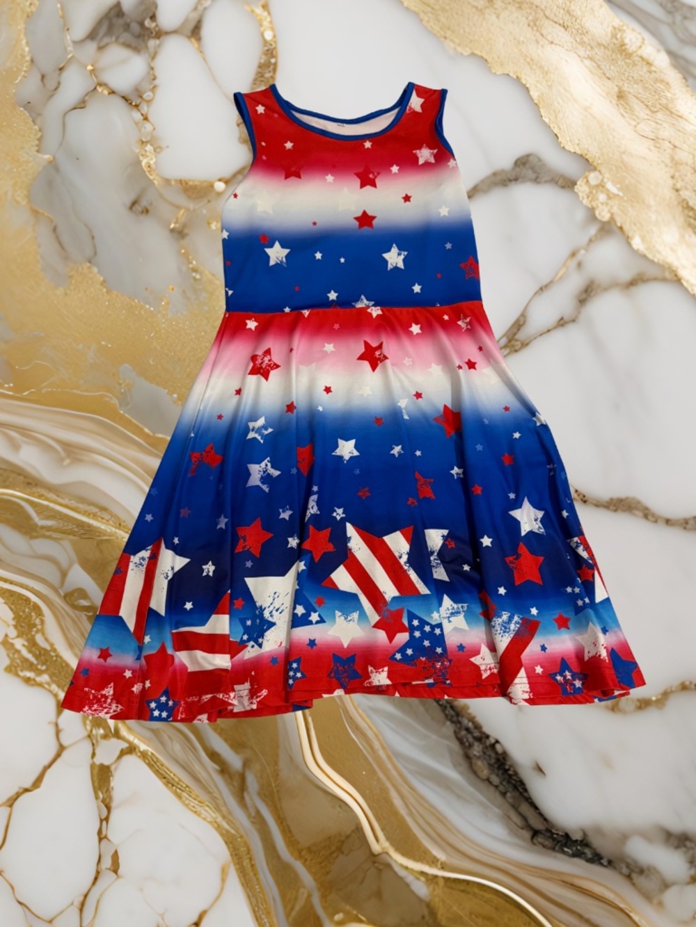 Girls Red, White, and Blue American Flag Dress With Stars
